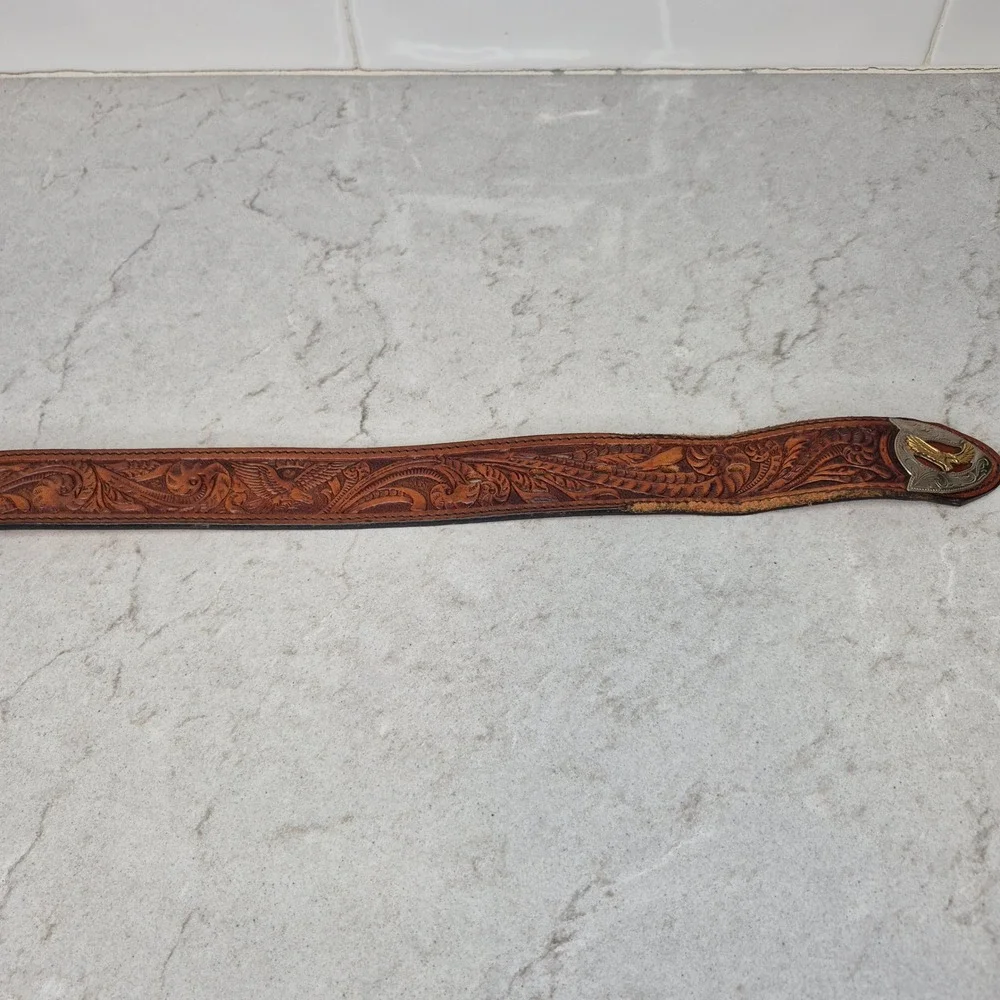 Silver Creek Belt Tooled Leather Eagle Tip 36 Brown Mens